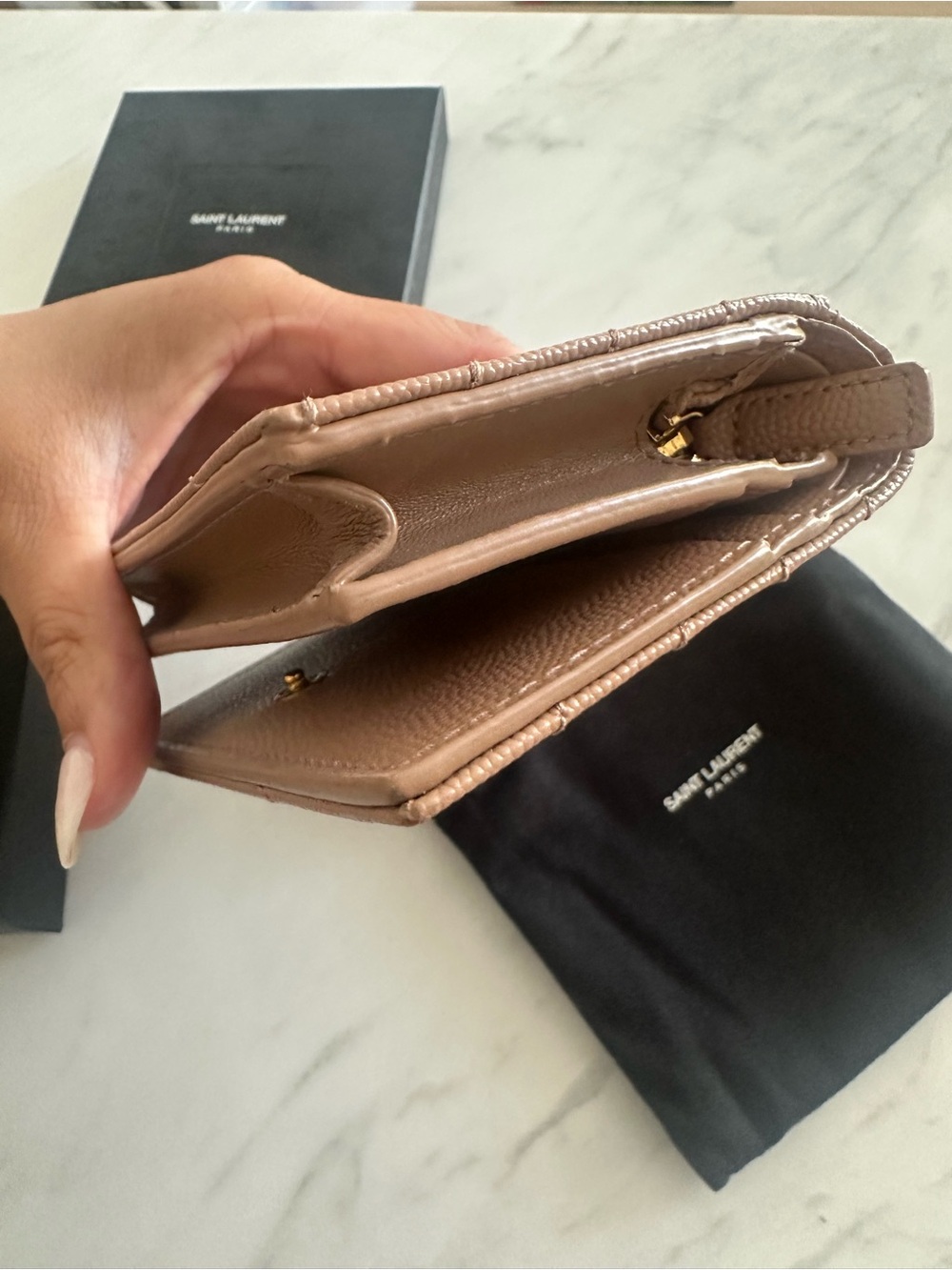 Saint Laurent Small Quilted Wallet in Tan/Beige with Gold YSL Logo - Picture 9 of 11